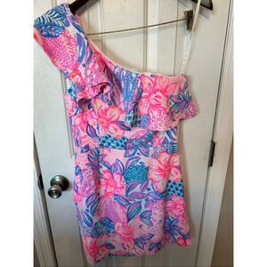 Lilly Pulitzer KIPTON ROMPER One Shoulder in Pink Isle Snappy Turtle Sz 2 NWT re